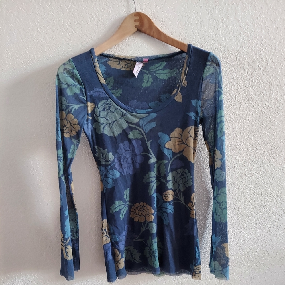 See through floral mesh long sleeve shirt L